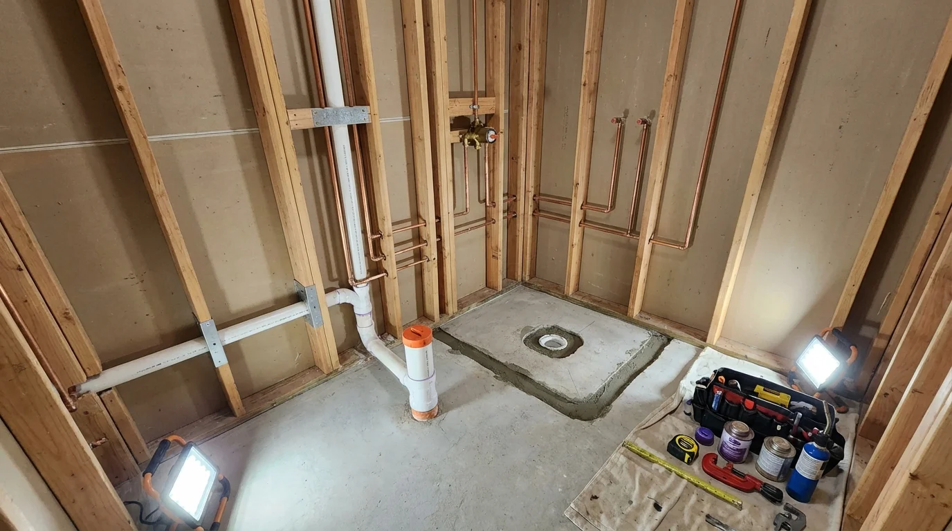Bathroom rough-in plumbing during remodel by Johns Plumbing LLC in Franklinville