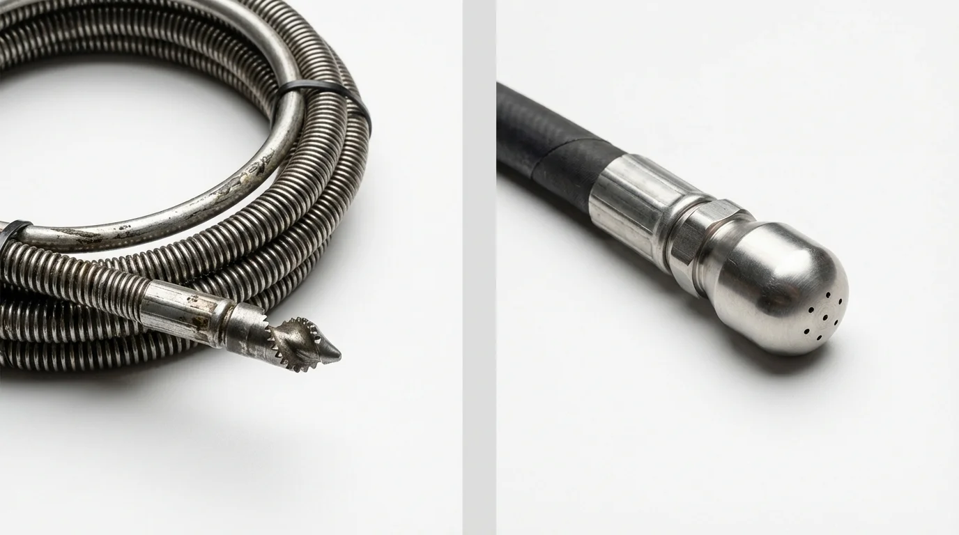 Drain snake cable and hydro jetting nozzle used for drain cleaning in Franklinville, NY