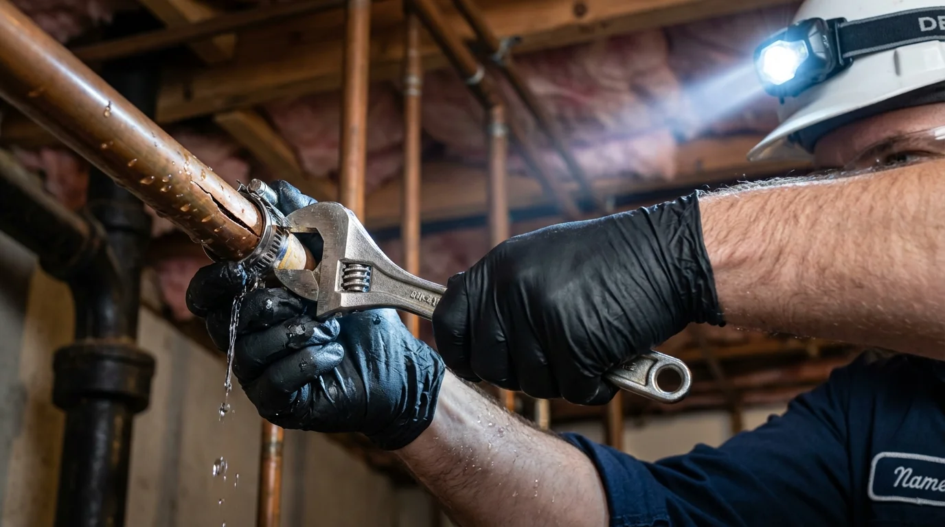 Emergency pipe clamp repair being performed by a Johns Plumbing LLC plumber in Franklinville