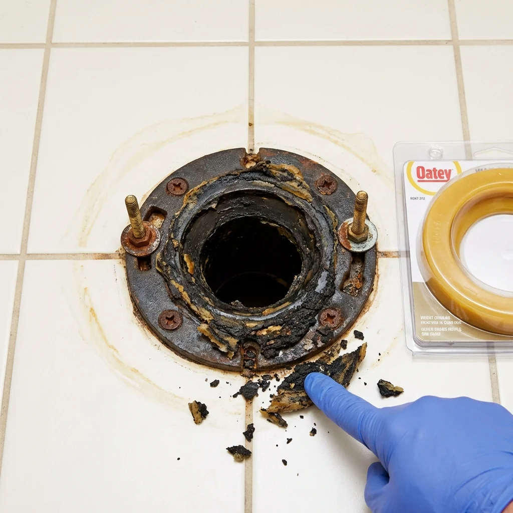 Failed wax ring showing water seepage at the base of a toilet in a Franklinville, NY home