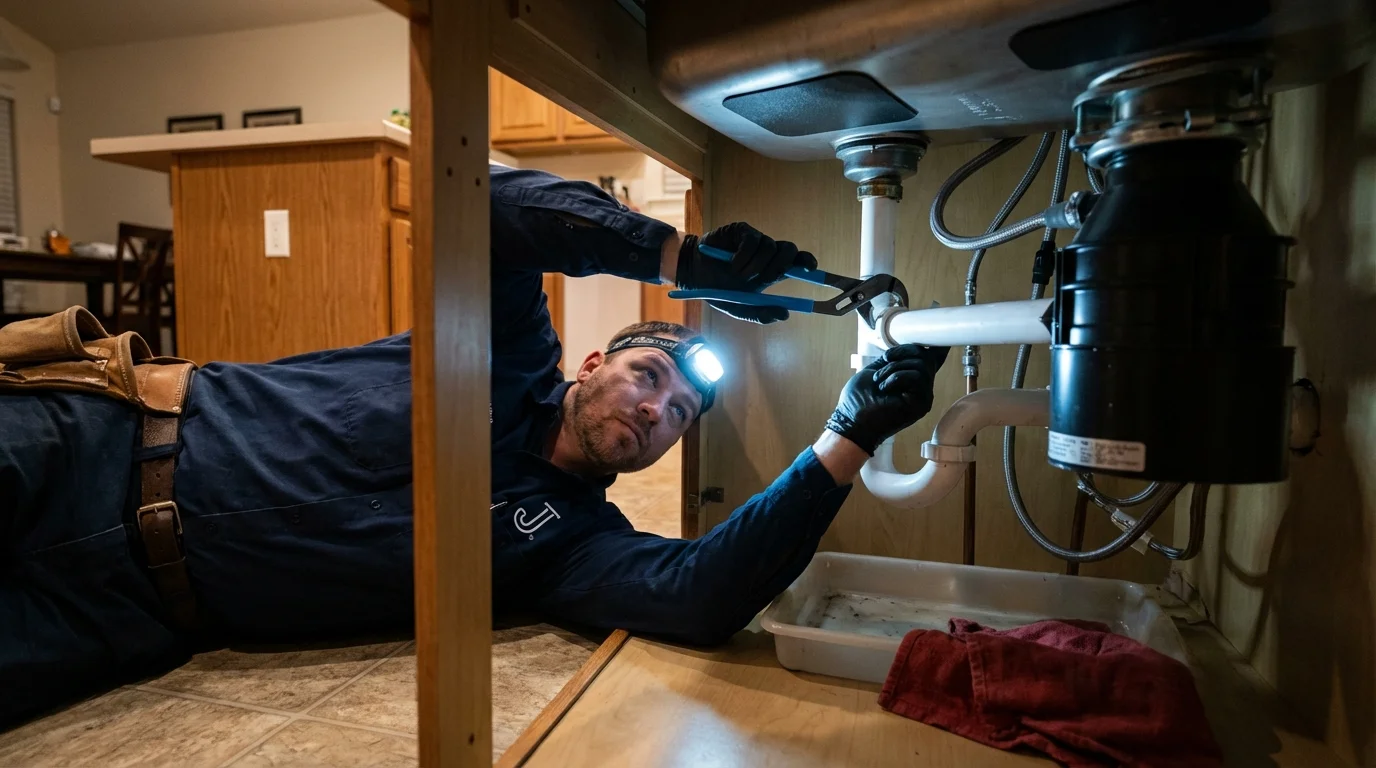 P-trap and supply line connections under a kitchen sink showing a common leak point in Franklinville, NY